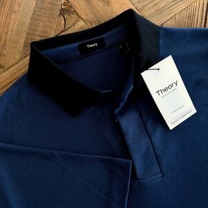 Theory Mens Kayser Polo Shirt Sargasso Blue Black Milano Knit L0199520 XL NWT